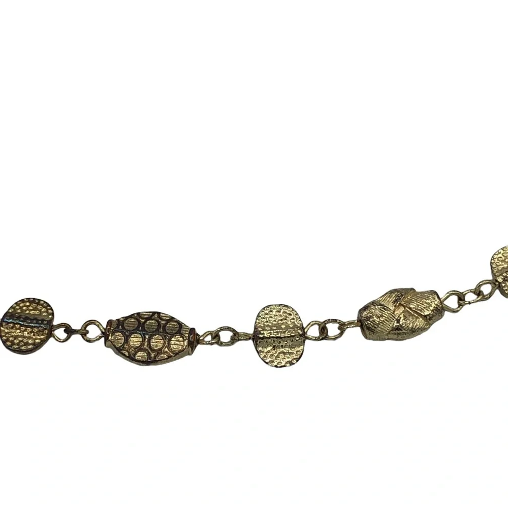 Long Statement Necklace Gold Tone Embossed Round Flat Metal Beads